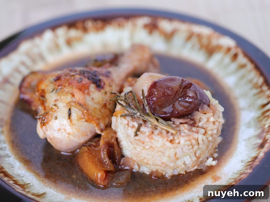 Red Wine-Braised Chicken with Plums Recipe 3 Chicken dish on a brown plate