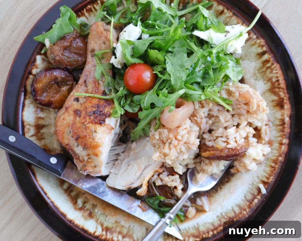 Red Wine-Braised Chicken with Plums Recipe 4 Chicken dinner on a plate.