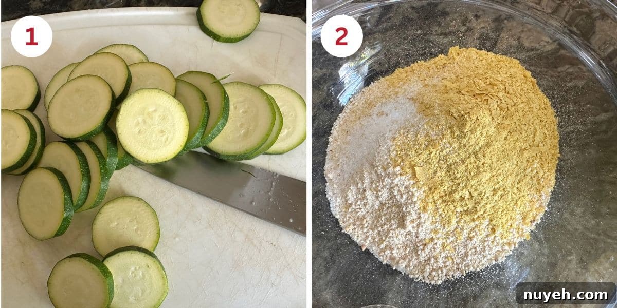 Air Fryer Crispy Gluten-Free Zucchini Chips 4 Photos of the zucchini slices and the bread crumb mixture.