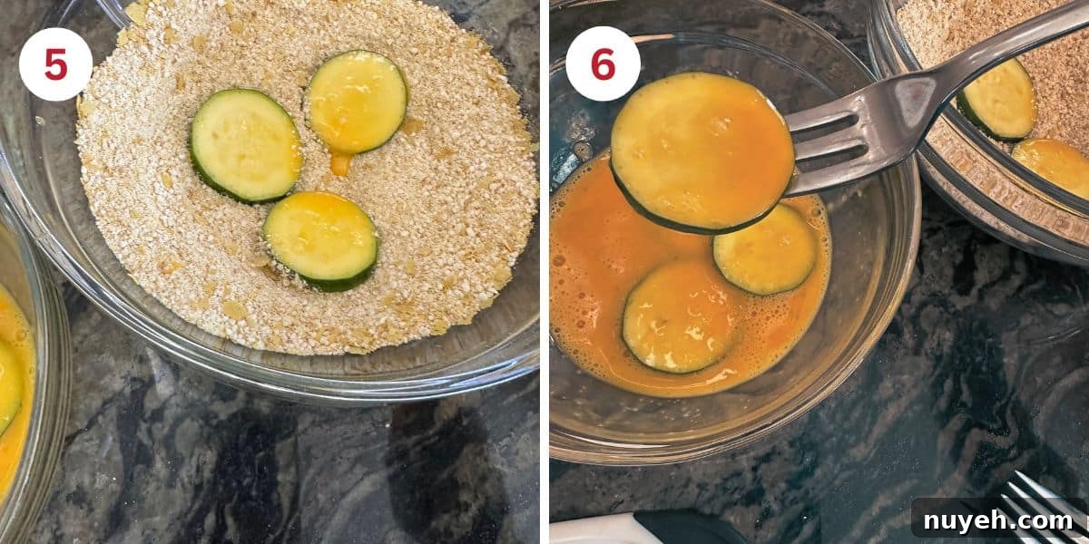 Air Fryer Crispy Gluten-Free Zucchini Chips 5 Photos showing coating the zucchini chips.