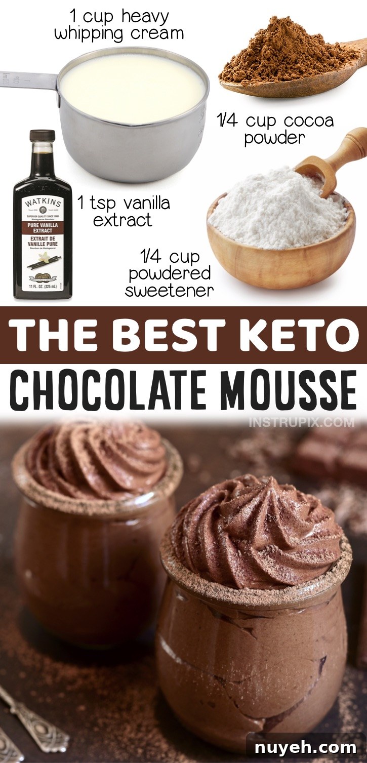 Keto Chocolate Mousse - The easiest low carb dessert you'll ever make! This sweet treat only requires a handful of ingredients: heavy whipping cream, cocoa powder, vanilla extract and the low carb powdered sweetener of your choice. You can whip this stuff up in less than 5 minutes. A great last minute dessert idea for your sugar cravings!