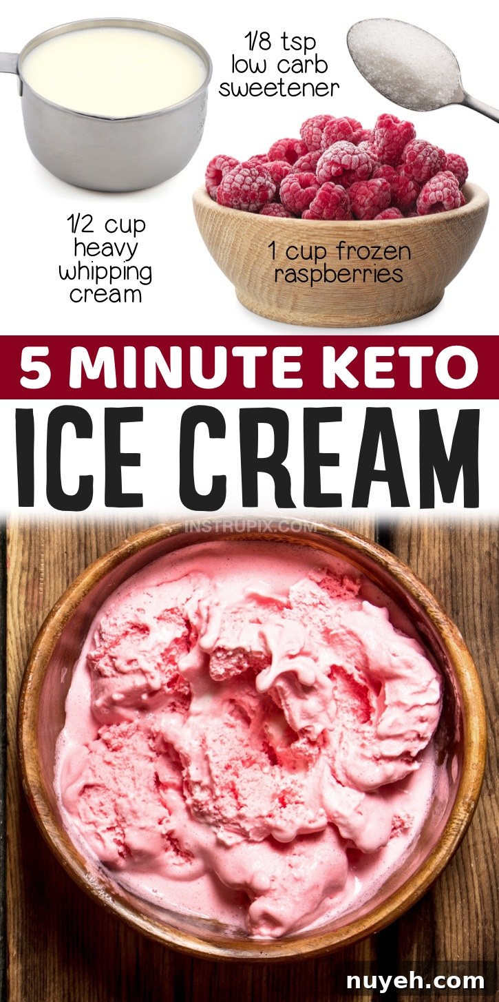 Keto Raspberry Frosty Ice Cream Dessert | Takes just a few minutes to make this easy low carb dessert with just 3 ingredients! A great no churn, no hassle keto ice cream recipe made with frozen fruit and heavy whipping cream. If you're looking for quick and easy keto dessert ideas, here is a large list of some of the best recipes on Pinterest. This ice cream is nut free, diabetic friendly, no bake and has no egg!