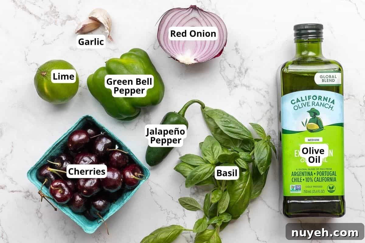 cherries, lime, green bell pepper, jalapeno pepper, garlic, red onion, basil, and olive oil.