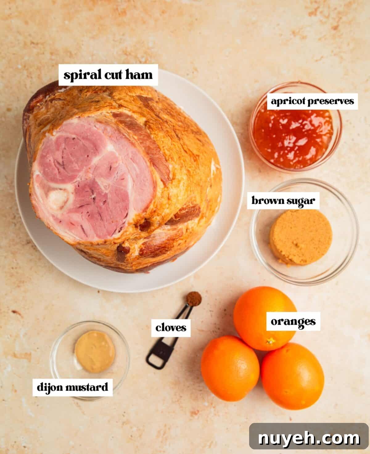 Spiral ham, oranges, dijon mustard and other labeled ingredients.