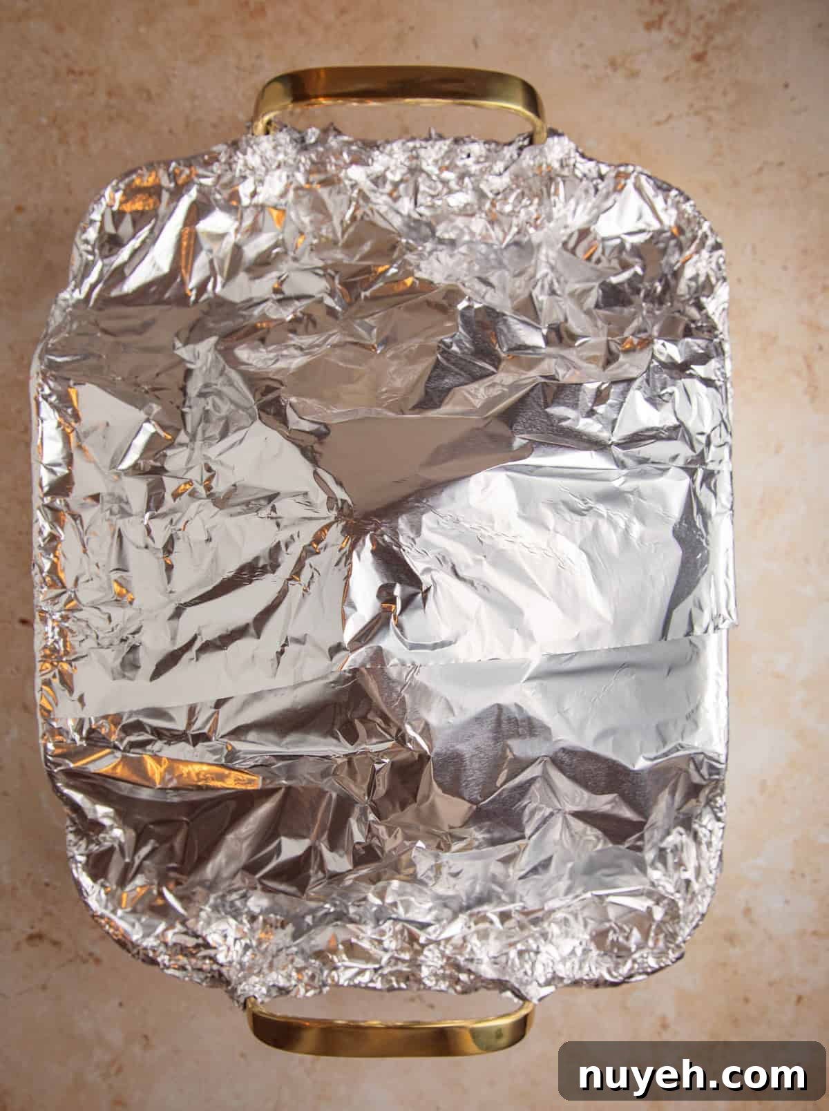 Foul covering ham in roasting pan.